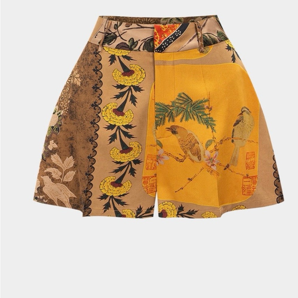 Vintage-Inspired Patchwork Floral High-Waist Shorts - Brown + Green + Mustard - Picture 5 of 6